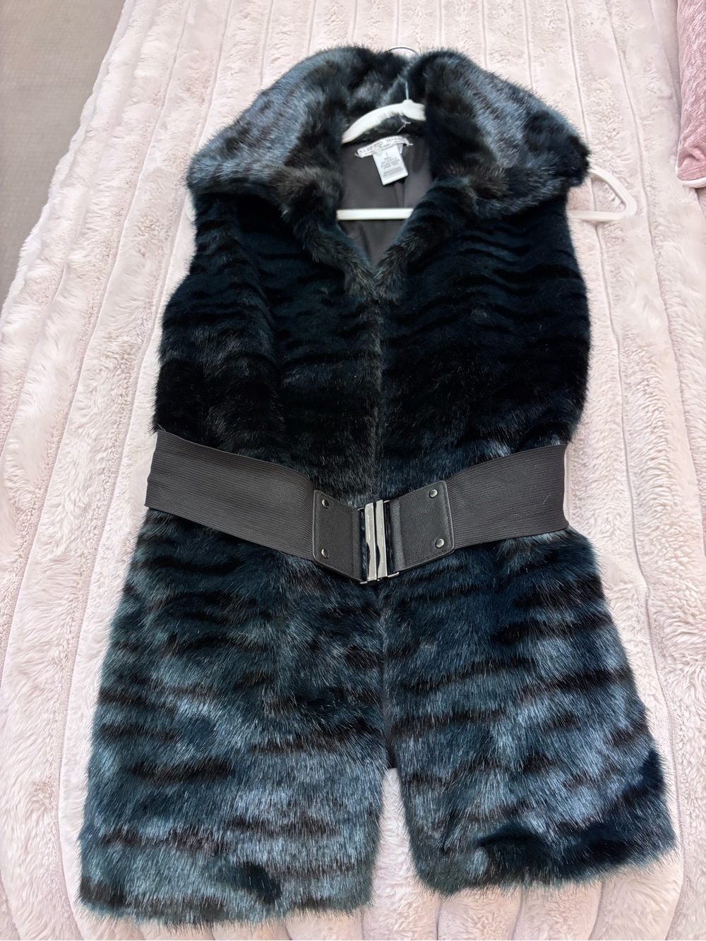 Alberto Makali Black Faux Fur Sleeveless Romper with Wide Belt